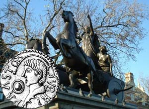The famous statue of Boudica in her chariot on the Thames Embankment at Westminster, and a coin depicting her husband, Prasutagus (inset)