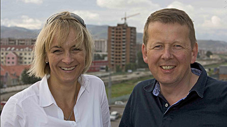 Louise Minchin and Bill Turnbull make their way to America (pictured here in Mongolia)