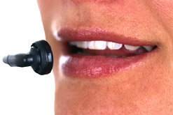 Close-up of lips speaking into a headset