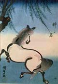 A horse galloping under a willow tree