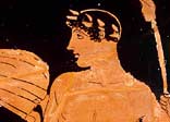 Storage jar showing two athletes roasting meat over an altar. The goddess Nike  flies over it.