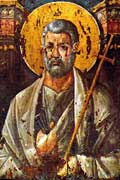 Religious painting of Peter, shown holding a cross and what look like nails
