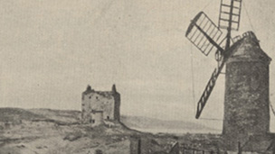 Black and white sketch view across bay tower house beyond. To the left stands a tower windmill.