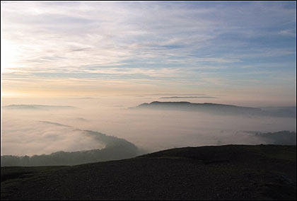 Fog corralled by ridge of trees