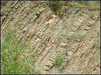 Rock strata at Gullet Quarry in Malvern