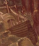 Detail of the right-hand cartouche showing the wreckage of a Spanish vessel on the rocky coast
