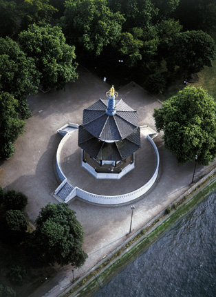 Aerial view of the Peace Pagoda, Battersea Park.
