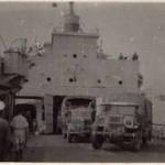 View on Thruster of lorries being reversed into the lift to be lowered to the tank deck for off-loading.