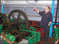 George Fenwick in the bridge engine room