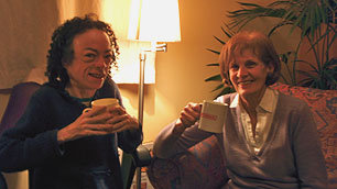 Liz Carr and her mother at the end of a long day at the office