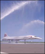 A water cannon salute on Cpncorde's final Barbados trip