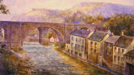 Llun o bont Pontypridd ar glawr y llyfr