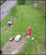 Anna travels down the zip slide