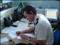 Inspector Derek Flint at his desk